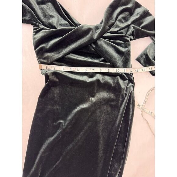 Zara Velvet Dark Green Off Shoulder Dress Midi Body Con - Size XS - Picture 7 of 8